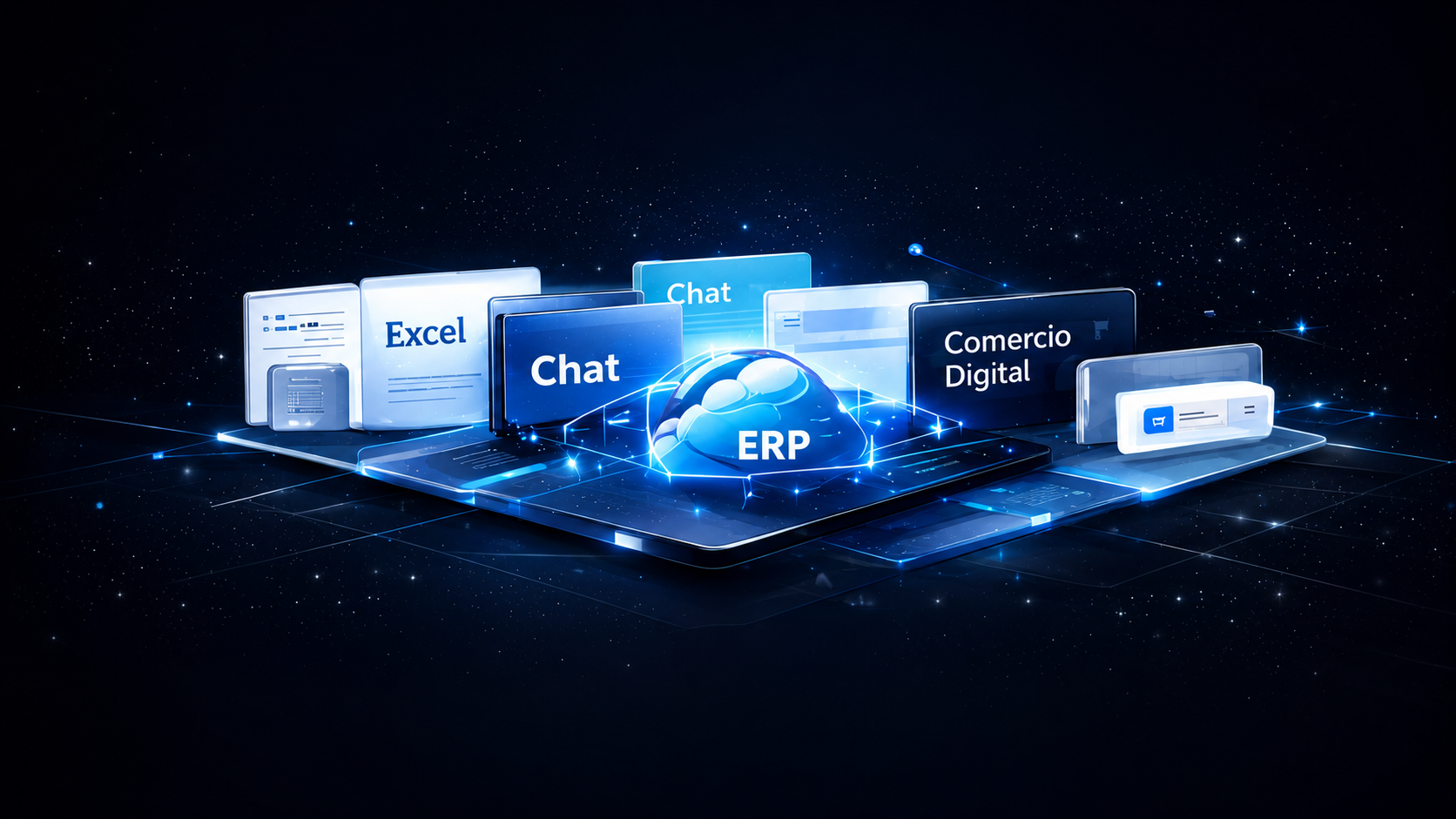 Sistemas desconectados: Excel, Chat, ERP, Comercio Digital